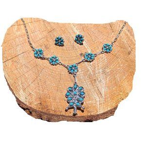 Zuni Chain Necklace and Earrings Set Kingman Turquoise Cluster Native American**